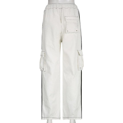 Stitch contrast cargo pocket drawstring straight leg jeans