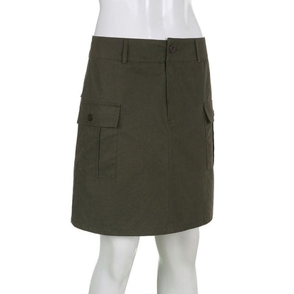 Solid cargo pocket button low rise mini skirt