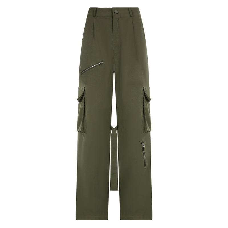 Self tie zip-up high rise solid cargo pocket baggy straight leg pant