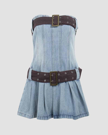 Umbris Statement Double Buckle Denim Dress