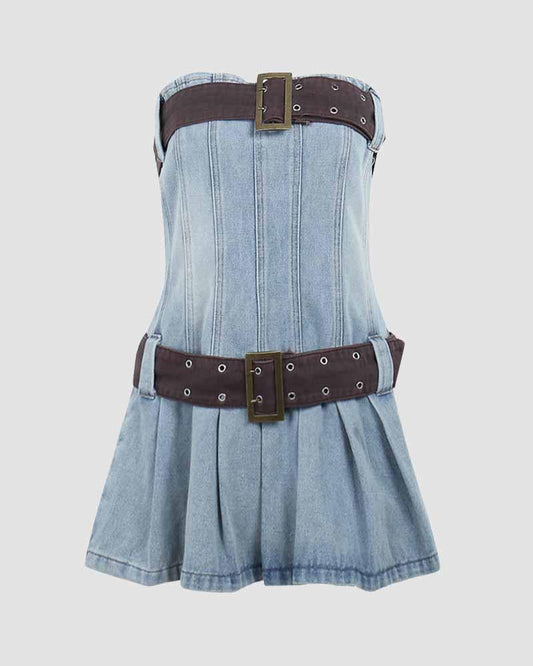 Umbris Statement Double Buckle Denim Dress