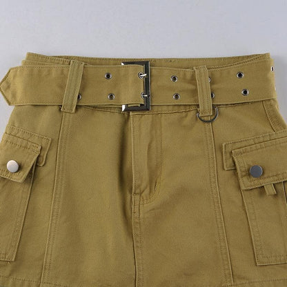 A line button cargo pocket denim mini skirt