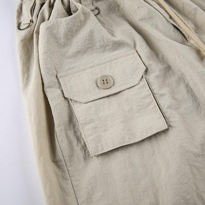 Cargo pocket drawstring solid button adjustable waist wide leg pant