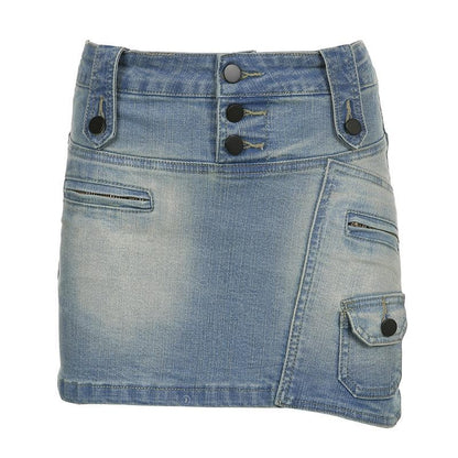 Irregular gradient button zip-up cargo pocket denim mini skirt