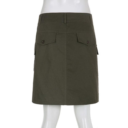 Solid cargo pocket button low rise mini skirt