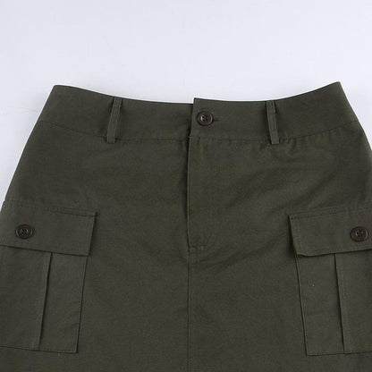 Solid cargo pocket button low rise mini skirt