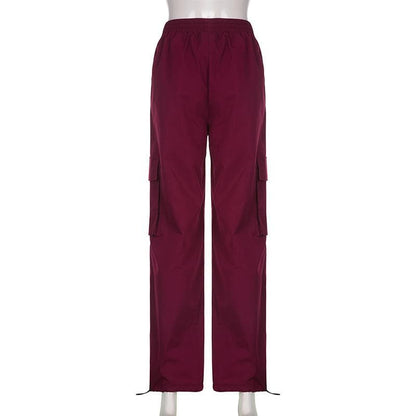 Drawstring cargo pocket button high rise straight leg pant