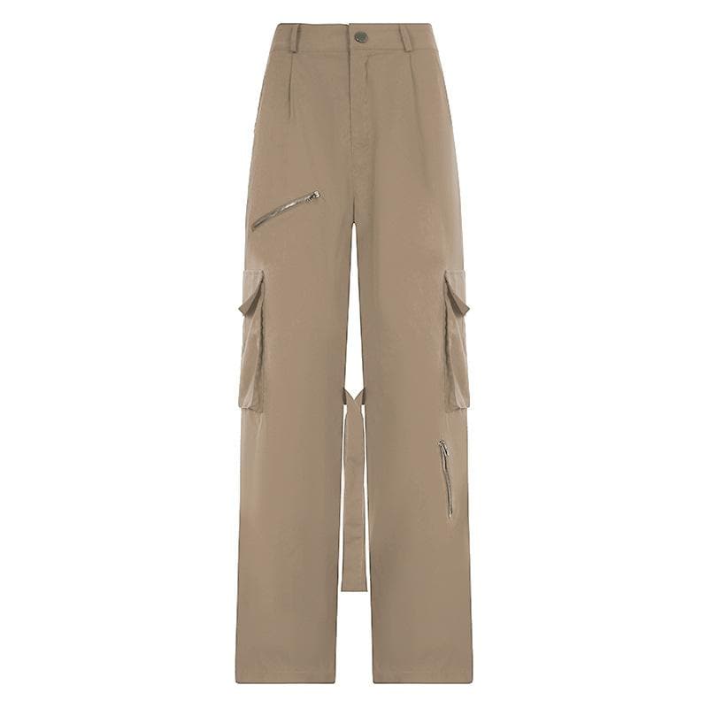 Self tie zip-up high rise solid cargo pocket baggy straight leg pant