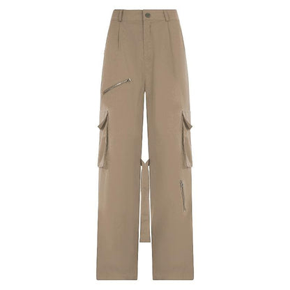 Self tie zip-up high rise solid cargo pocket baggy straight leg pant