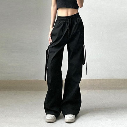 Drawstring solid cargo pocket wide leg pant