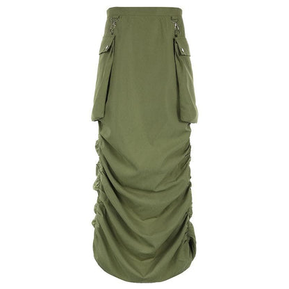 Ruched solid button cargo pocket zip-up midi skirt