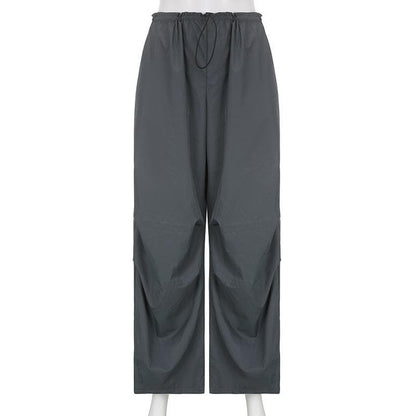 High rise solid drawstring pocket wide leg cargo pant