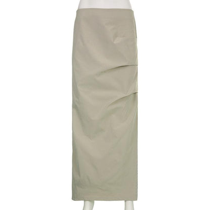 Ruched solid zip-up slit cargo maxi skirt