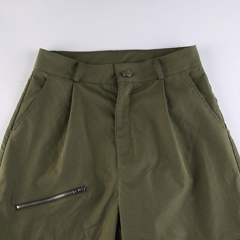 Self tie zip-up high rise solid cargo pocket baggy straight leg pant