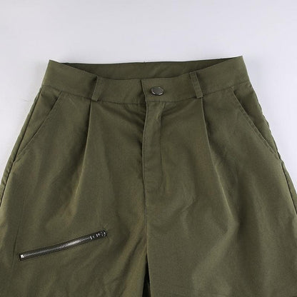 Self tie zip-up high rise solid cargo pocket baggy straight leg pant