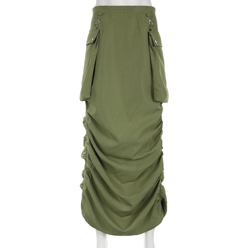 Ruched solid button cargo pocket zip-up midi skirt