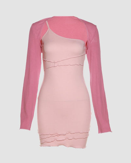 Demi Crystal Asymmetric Bodycon Dress with Mesh Sleeves