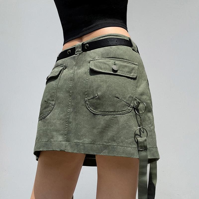 Pocket irregular ribbon cargo solid denim mini skirt - Final Sale