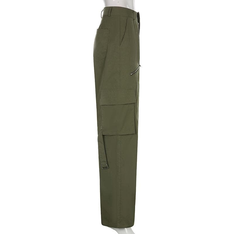 Self tie zip-up high rise solid cargo pocket baggy straight leg pant