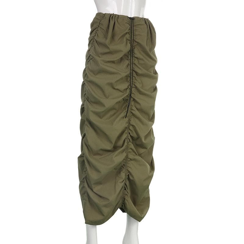 Drawstring ruched cargo low rise solid midi skirt