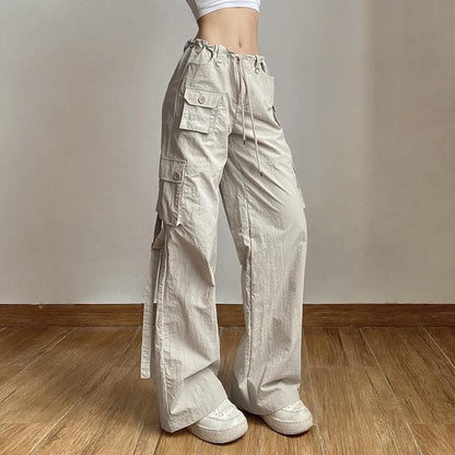 Cargo pocket drawstring solid button adjustable waist wide leg pant