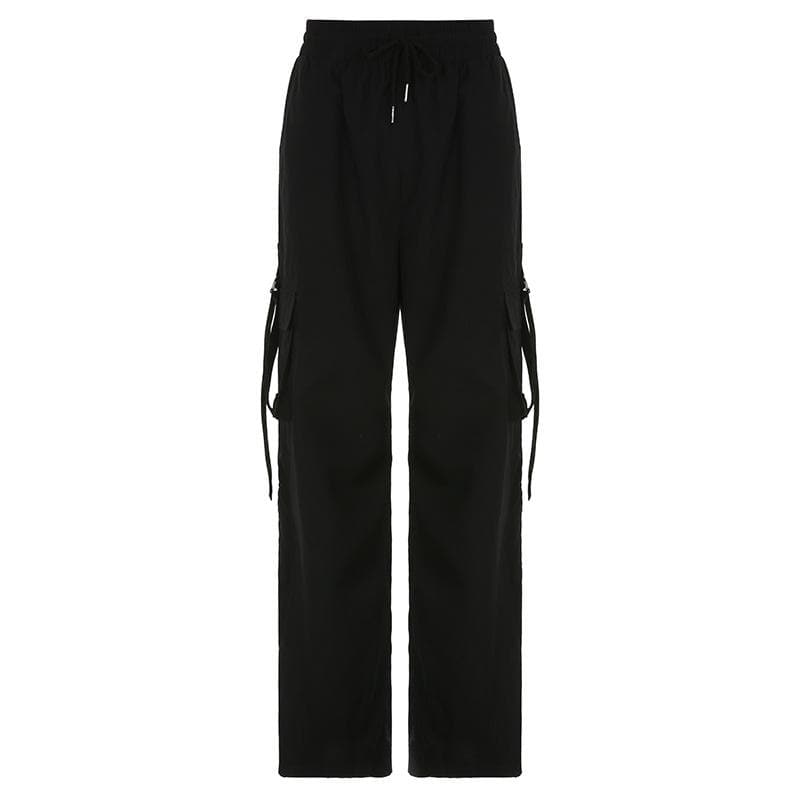 Drawstring solid cargo pocket wide leg pant