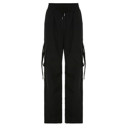 Drawstring solid cargo pocket wide leg pant