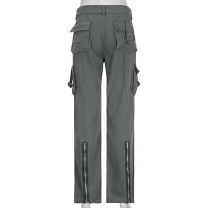 Zip-up cargo pocket low rise solid straight leg jeans - Final Sale