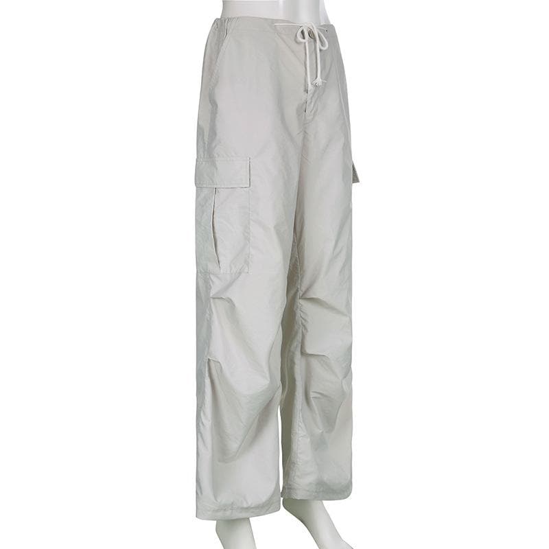 Solid drawstring cargo pocket zip-up wide leg