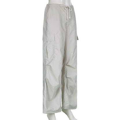 Solid drawstring cargo pocket zip-up wide leg