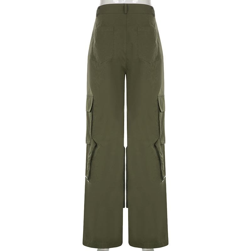 Self tie zip-up high rise solid cargo pocket baggy straight leg pant