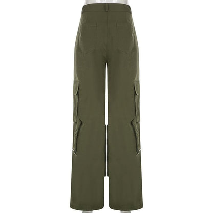 Self tie zip-up high rise solid cargo pocket baggy straight leg pant