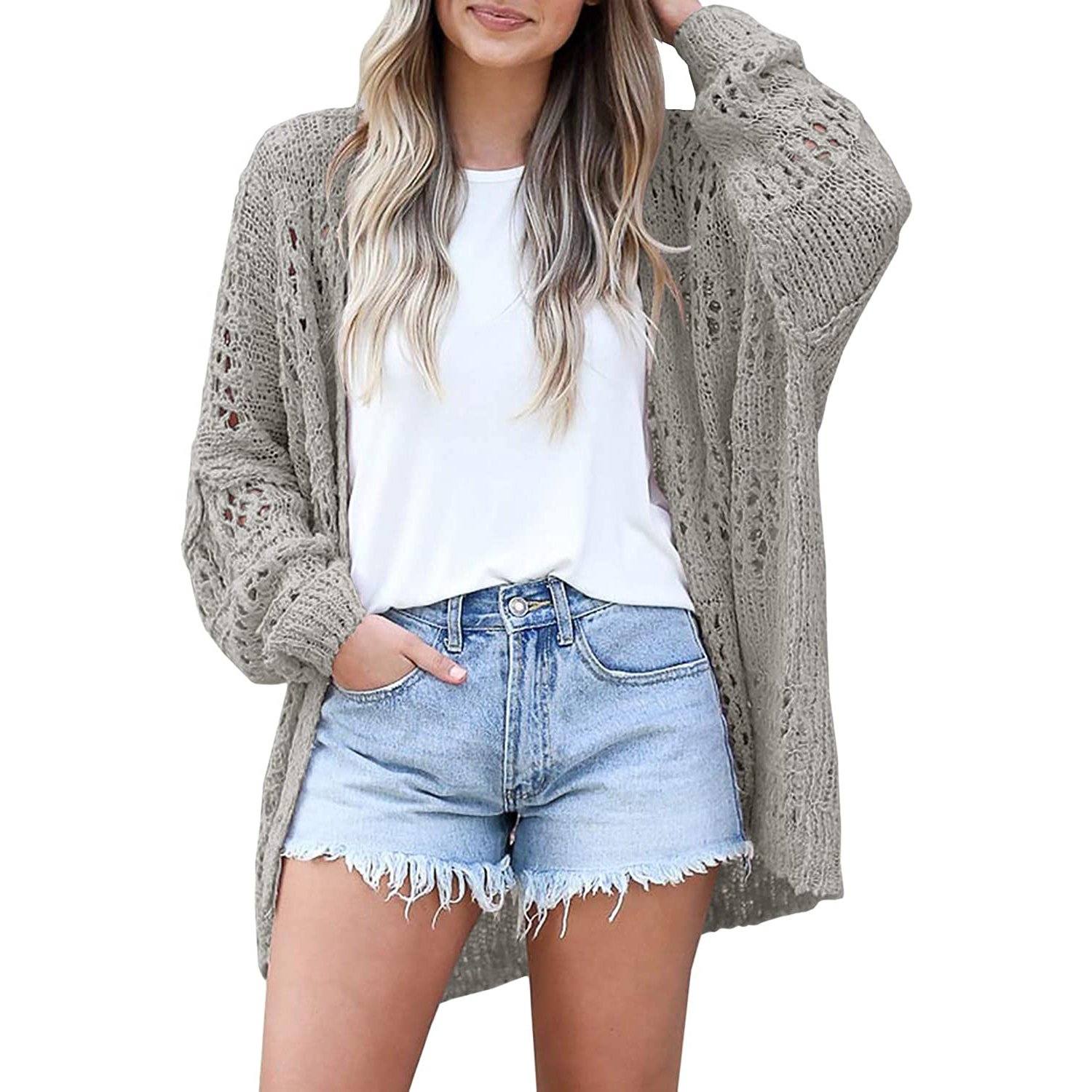 Ladies Crochet Cardigan Sweater Gray __stock:50 Jackets & Coats refund_fee:1200