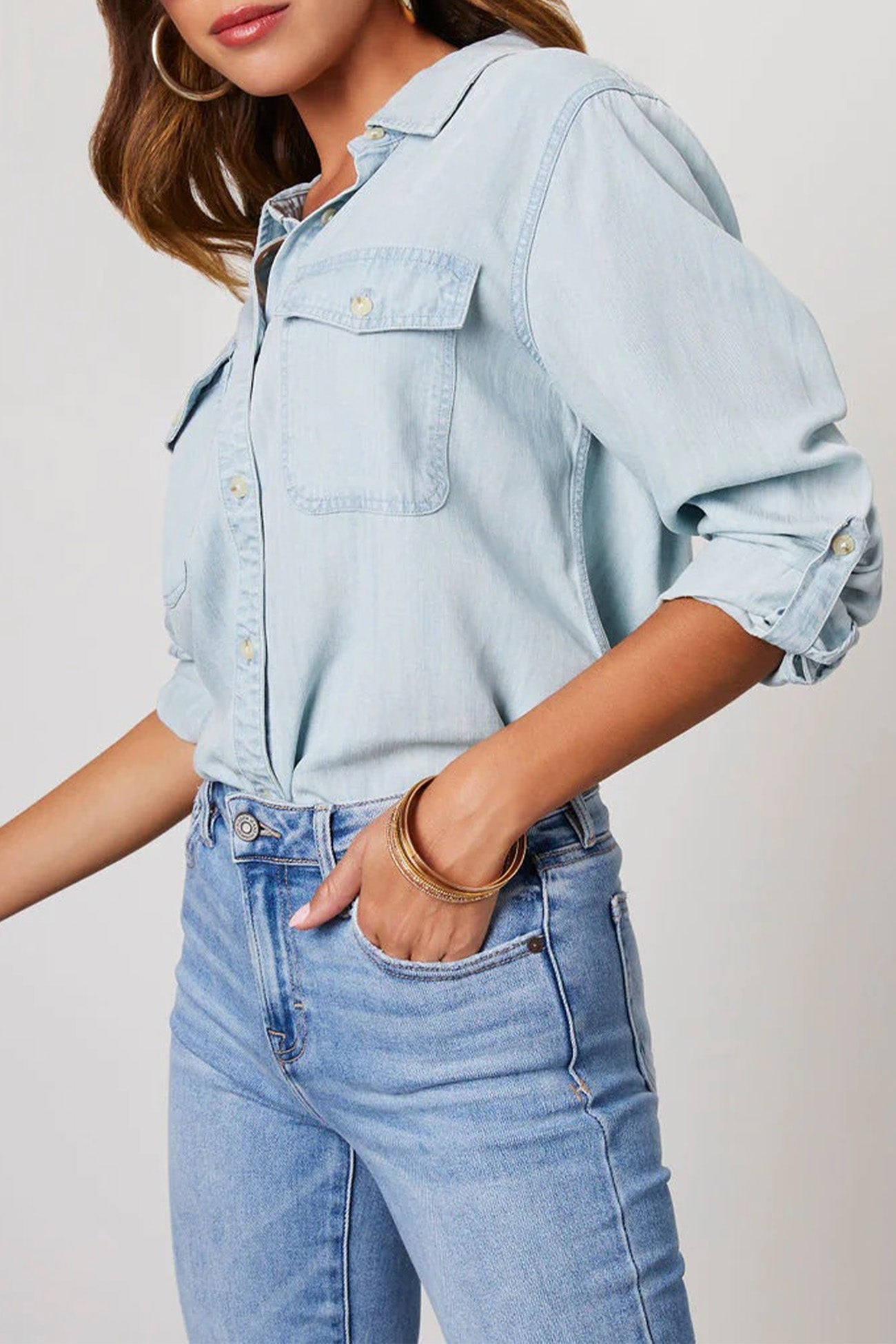 Long Sleeve Button-Up Denim Blouse