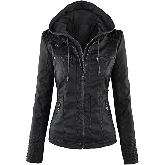 Lock and Love Women's Removable Hooded Faux Leather Jacket Black __stock:200 Jackets & Coats refund_fee:1800