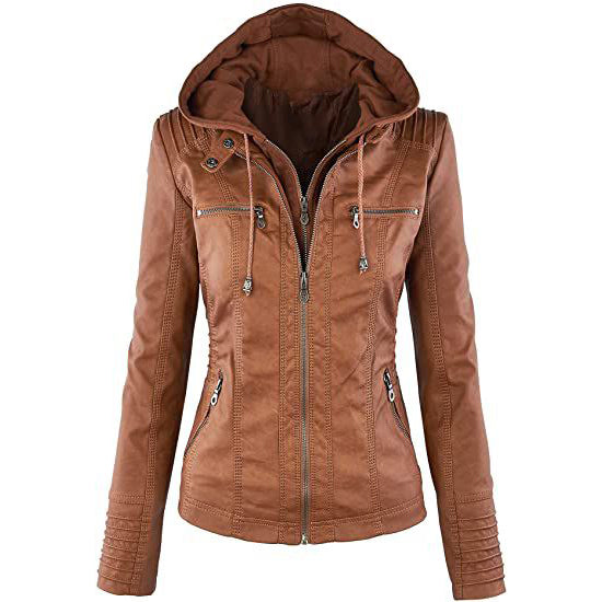 Lock and Love Women's Removable Hooded Faux Leather Jacket Camel __stock:200 Jackets & Coats refund_fee:1800