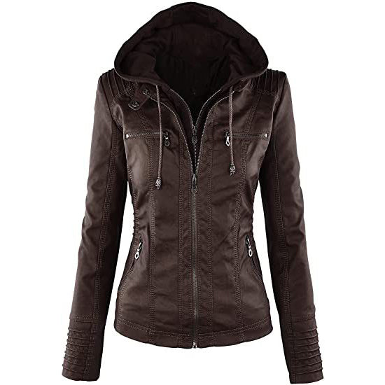 Lock and Love Women's Removable Hooded Faux Leather Jacket Coffee __stock:200 Jackets & Coats refund_fee:1800