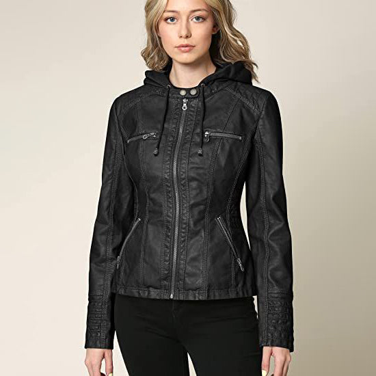 Lock and Love Women's Removable Hooded Faux Leather Jacket