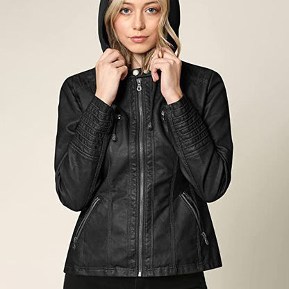 Lock and Love Women's Removable Hooded Faux Leather Jacket