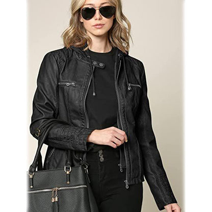 Lock and Love Women's Removable Hooded Faux Leather Jacket