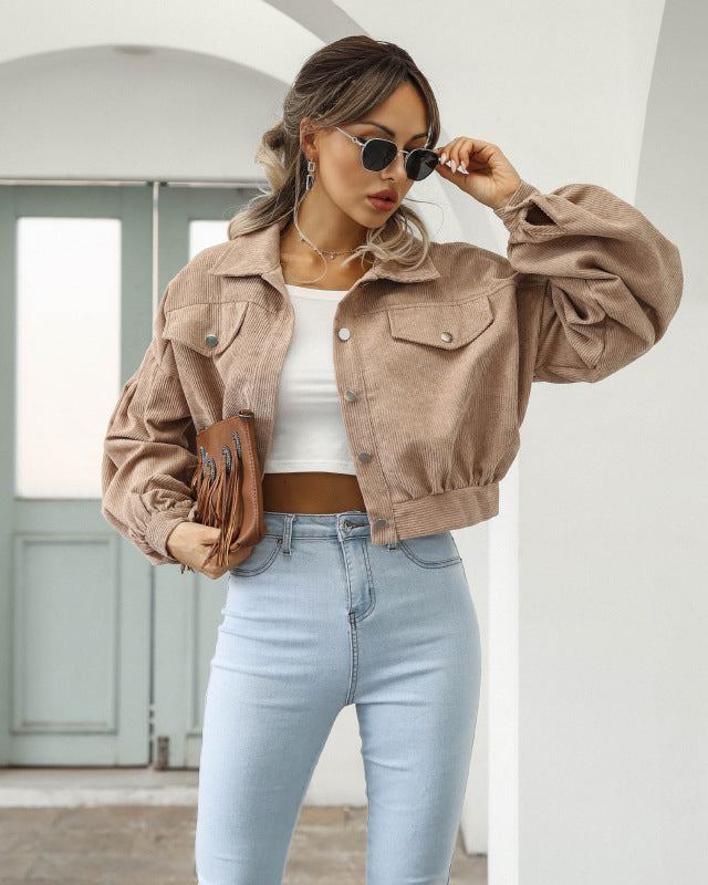 Corduroy Jacket Lantern Sleeve Single Breasted Short Jacket Women Khaki Clothes Jackets & Coats