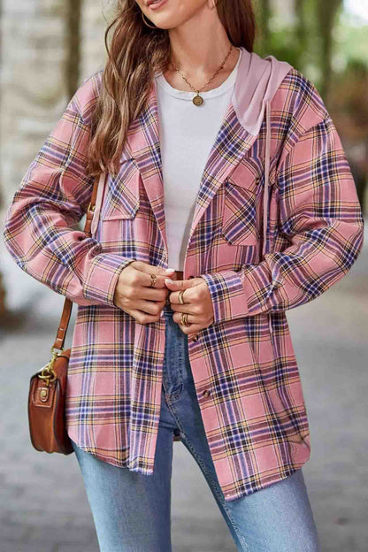 Hooded Plaid Button Up Blouse