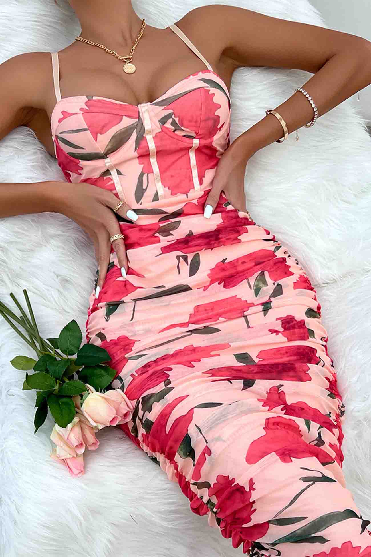 Floral Printed Rushed Bodycon Cami Dress