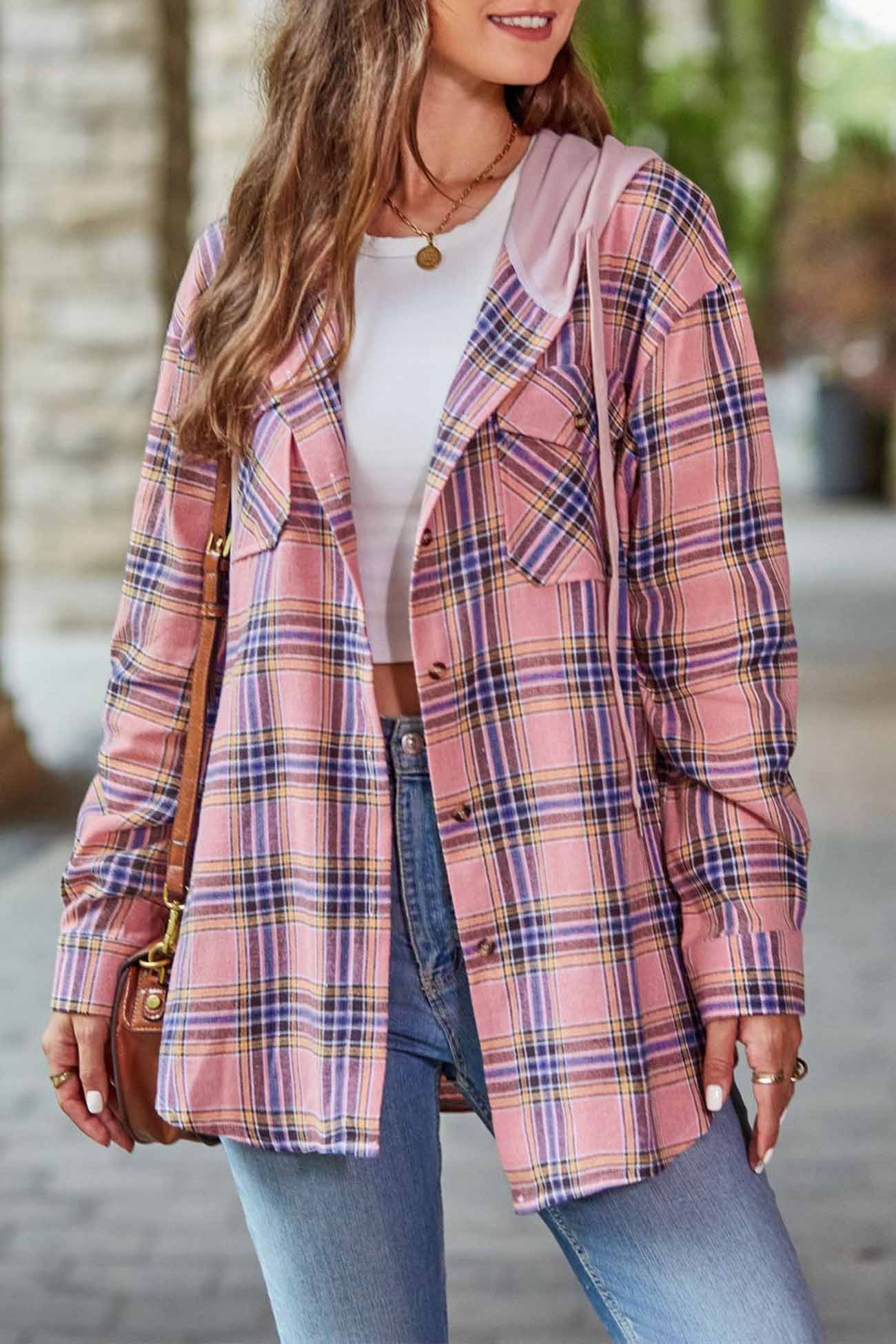 Hooded Plaid Button Up Blouse