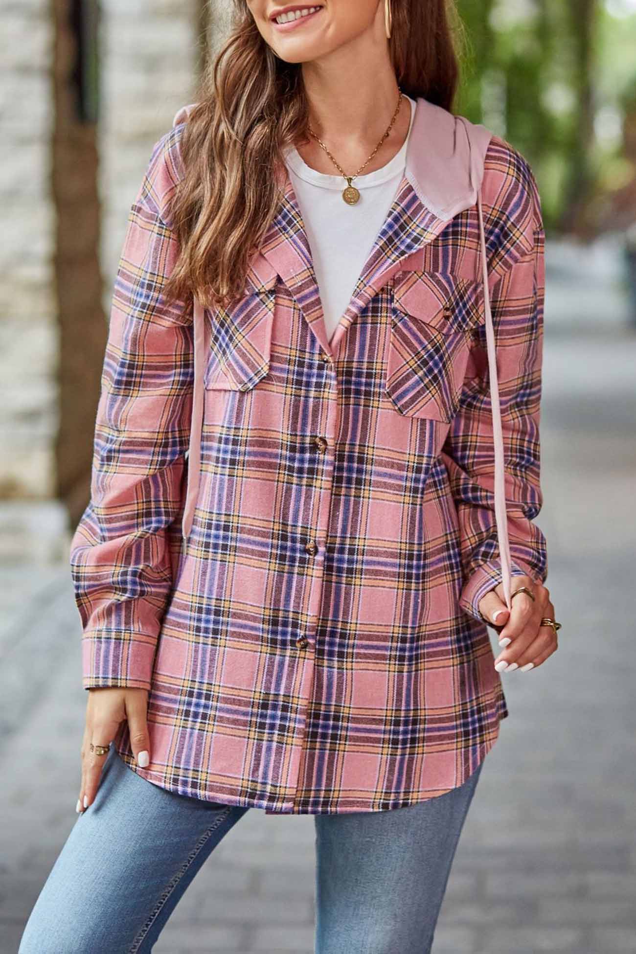 Hooded Plaid Button Up Blouse