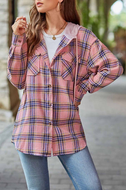 Hooded Plaid Button Up Blouse