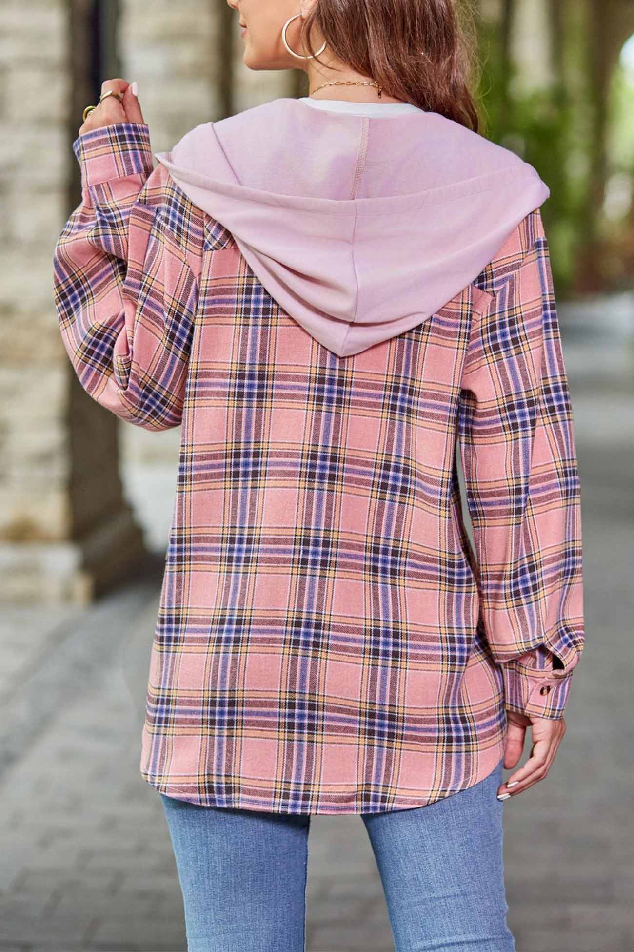 Hooded Plaid Button Up Blouse