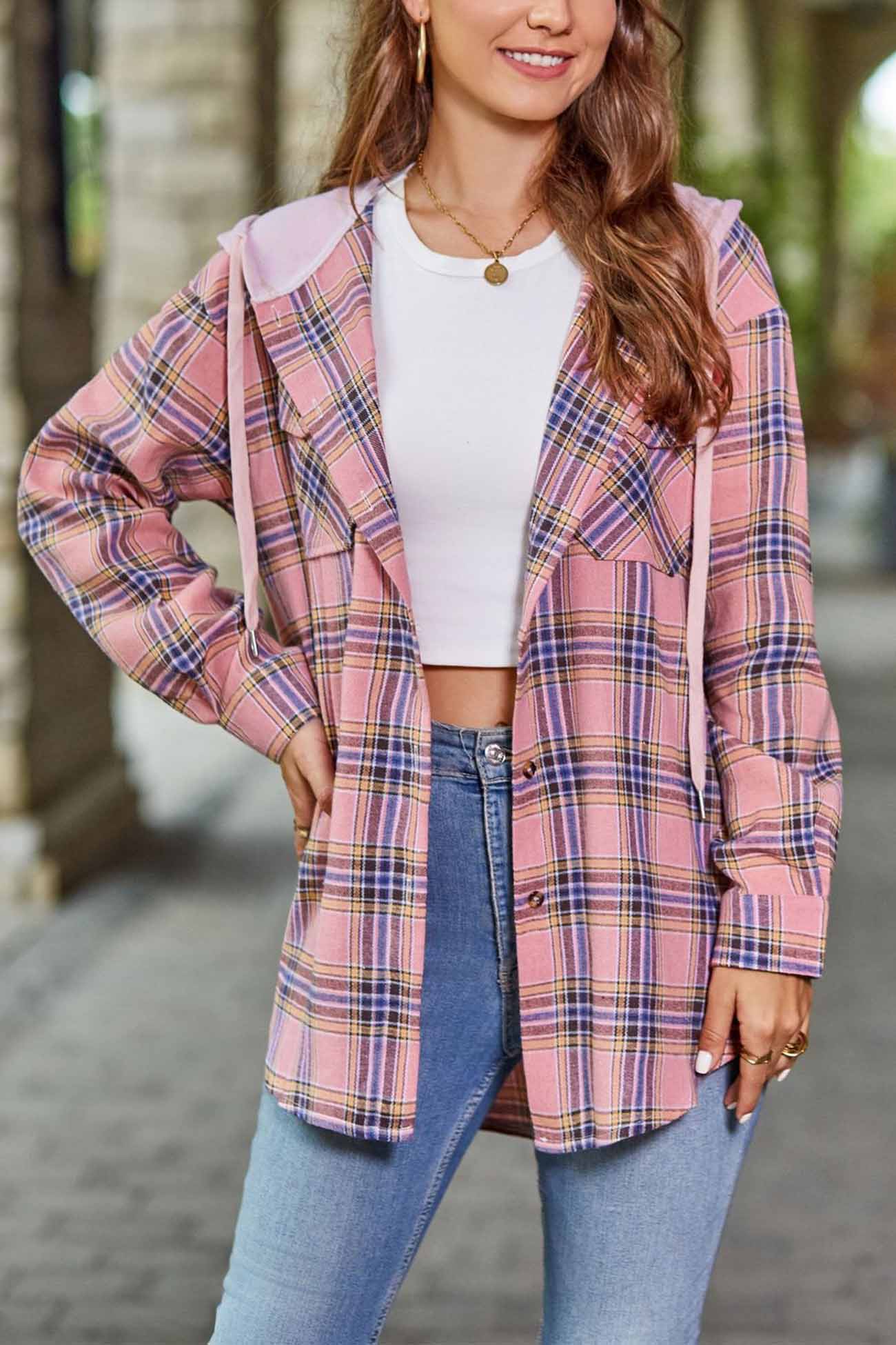 Hooded Plaid Button Up Blouse