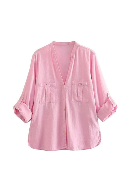 V-neck Pocket Roll-up Sleeve Button-Up Blouse