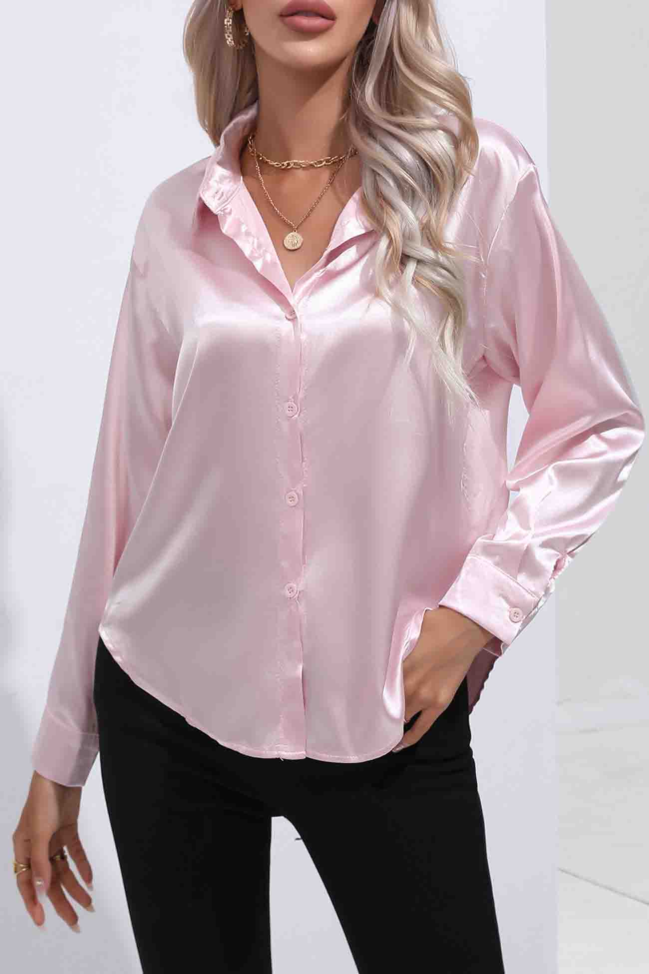 Lapel Satin Button Up Blouse